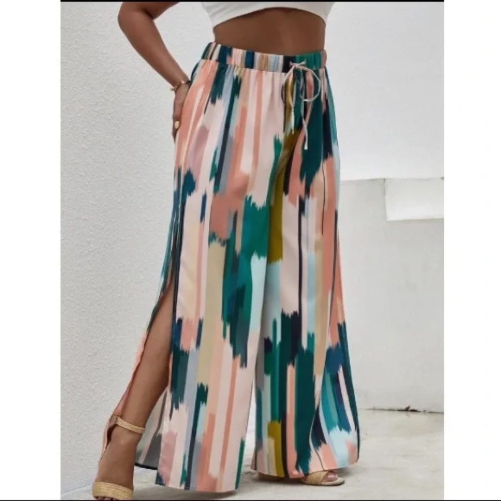 Boho plus size print side slit wide leg palazzo pants - Picture 4 of 5